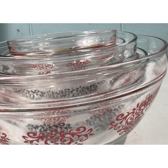 Vintage Durable Heat Resistant  Nesting Bowls Set Of 7 Red Black Floral - Picture 7 of 8